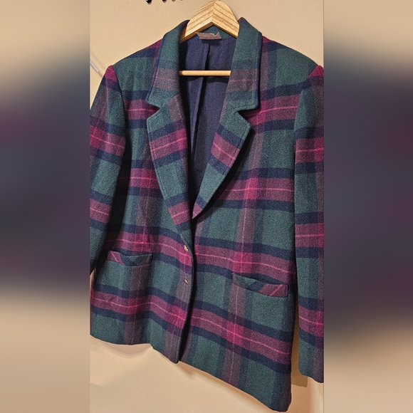 Vintage  Tan Jay Plaid Wool Blended Blazer.Sz.16 - Picture 3 of 9